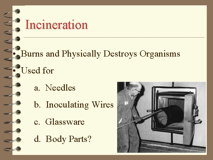 Incineration • Burns and Physically Destroys Organisms • Used for a. Needles b. Inoculating