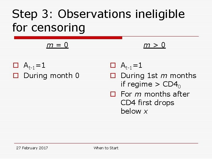 Step 3: Observations ineligible for censoring m>0 m=0 o At-1=1 o During month 0