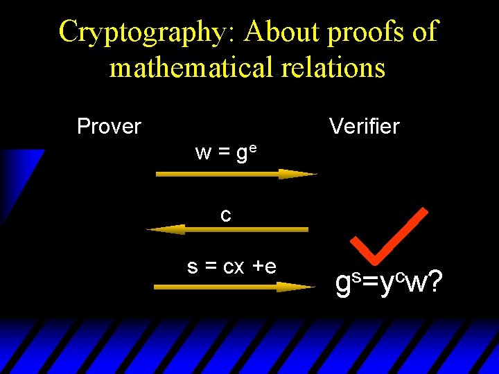 Cryptography: About proofs of mathematical relations Prover Verifier w = ge c s =
