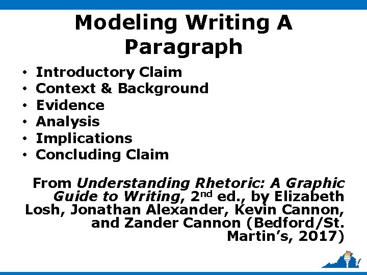 Modeling Writing A Paragraph • • • Introductory Claim Context & Background Evidence Analysis