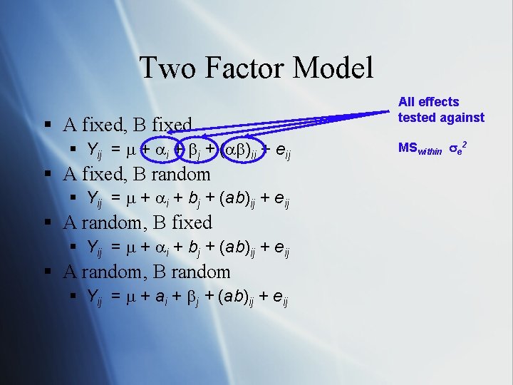Two Factor Model § A fixed, B fixed § Yij = + i +