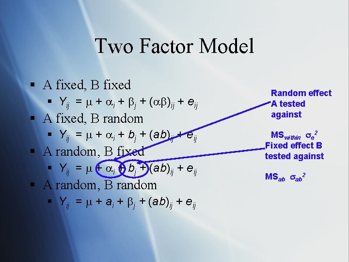 Two Factor Model § A fixed, B fixed § Yij = + i +