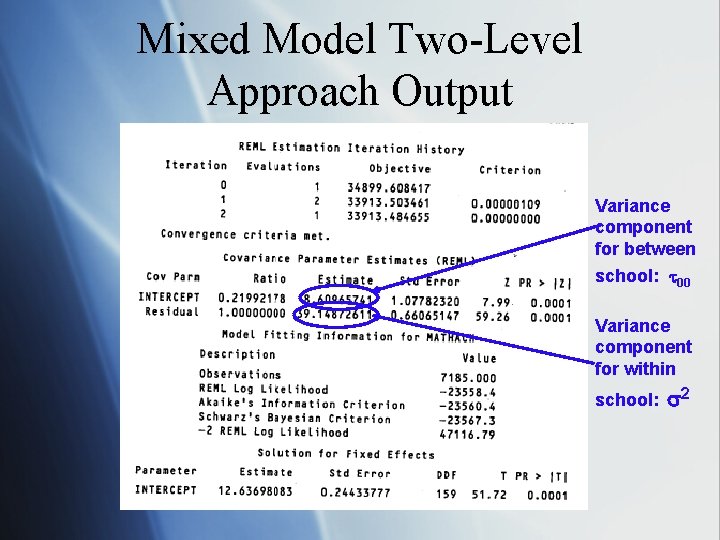 Mixed Model Two-Level Approach Output Variance component for between school: 00 Variance component for