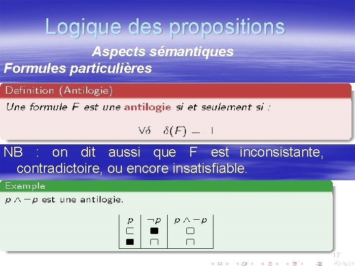 Logique des propositions Aspects sémantiques Formules particulières NB : on dit aussi que F