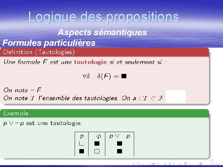 Logique des propositions Aspects sémantiques Formules particulières 18 