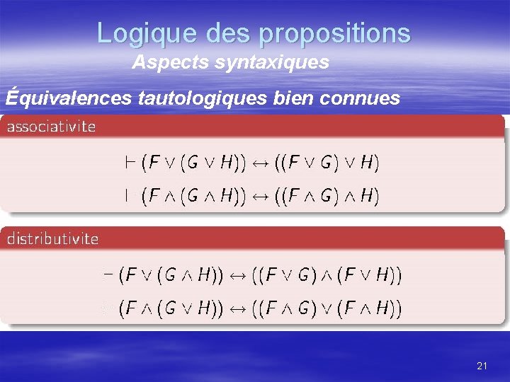 Logique des propositions Aspects syntaxiques Équivalences tautologiques bien connues 21 