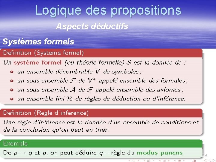 Logique des propositions Aspects déductifs Systèmes formels 29 