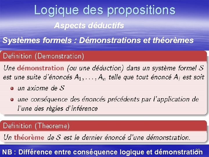 Logique des propositions Aspects déductifs Systèmes formels : Démonstrations et théorèmes 30 NB :