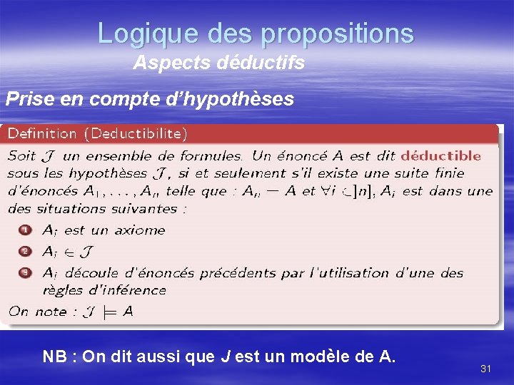 Logique des propositions Aspects déductifs Prise en compte d’hypothèses NB : On dit aussi