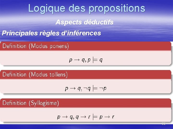 Logique des propositions Aspects déductifs Principales règles d’inférences 32 