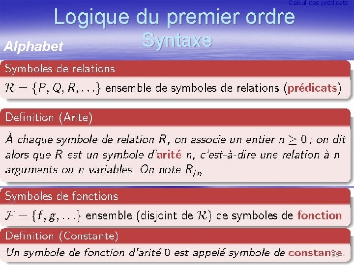 Calcul des prédicats Logique du premier ordre Alphabet Syntaxe 39 