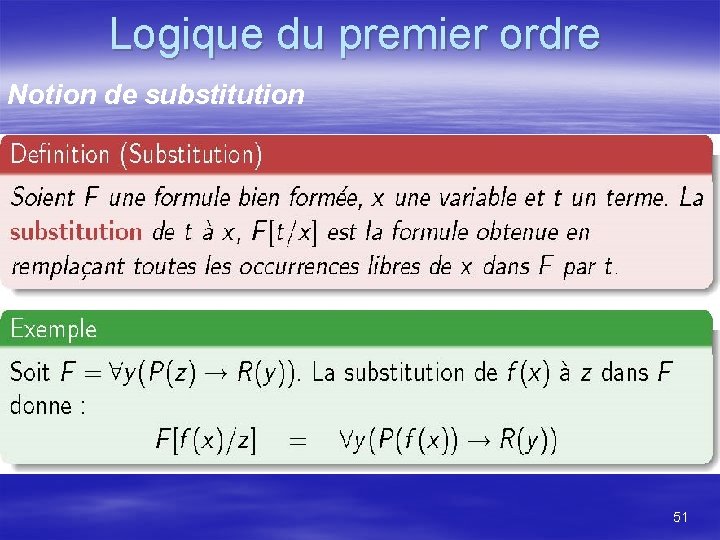 Logique du premier ordre Notion de substitution 51 