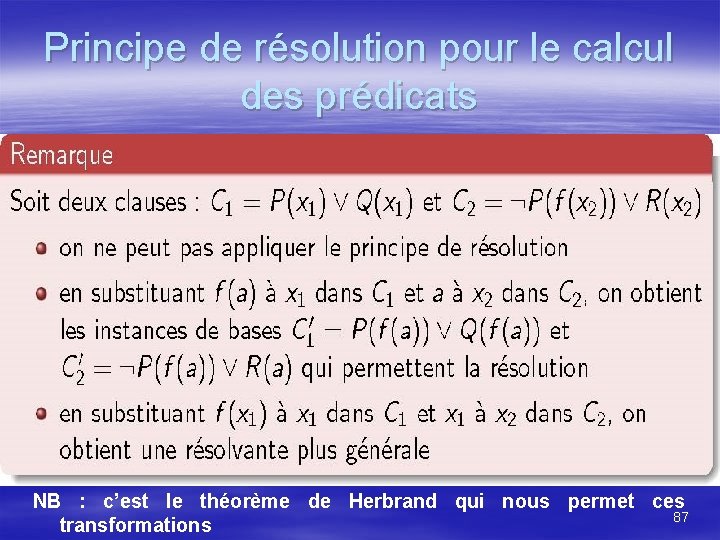 Principe de résolution pour le calcul des prédicats NB : c’est le théorème de