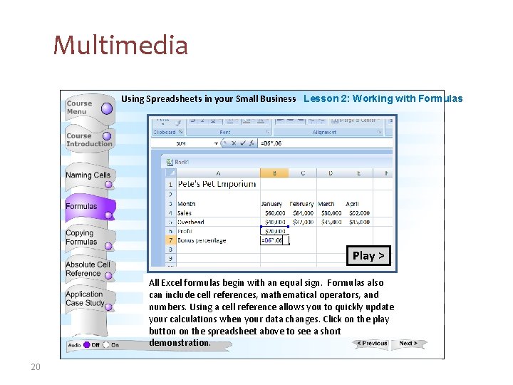 Multimedia Using Spreadsheets in your Small Business Lesson 2: Working with Formulas Other Outsourcing