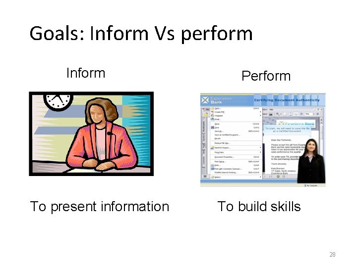 Goals: Inform Vs perform Inform To present information Perform To build skills 28 