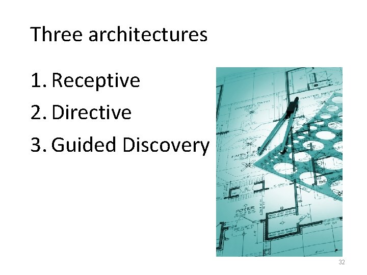 Three architectures 1. Receptive 2. Directive Other Outsourcing 3. Guided Discovery Internal (Salaries, Development,