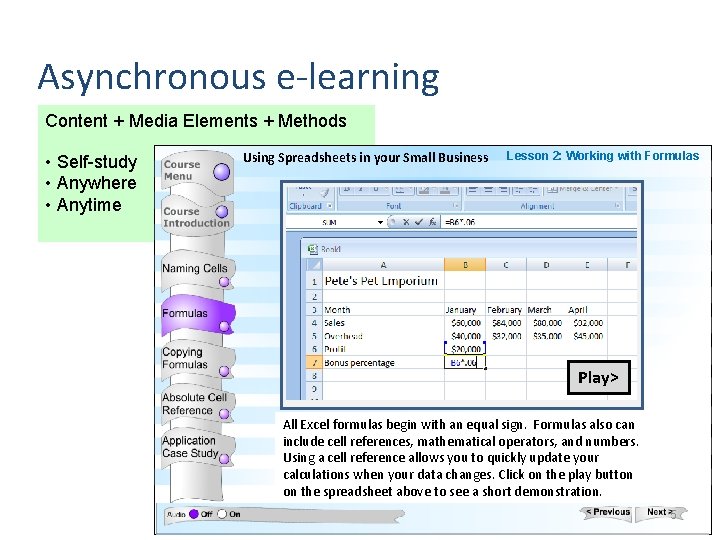 Asynchronous e-learning Content + Media Elements + Methods • Self-study • Anywhere • Anytime