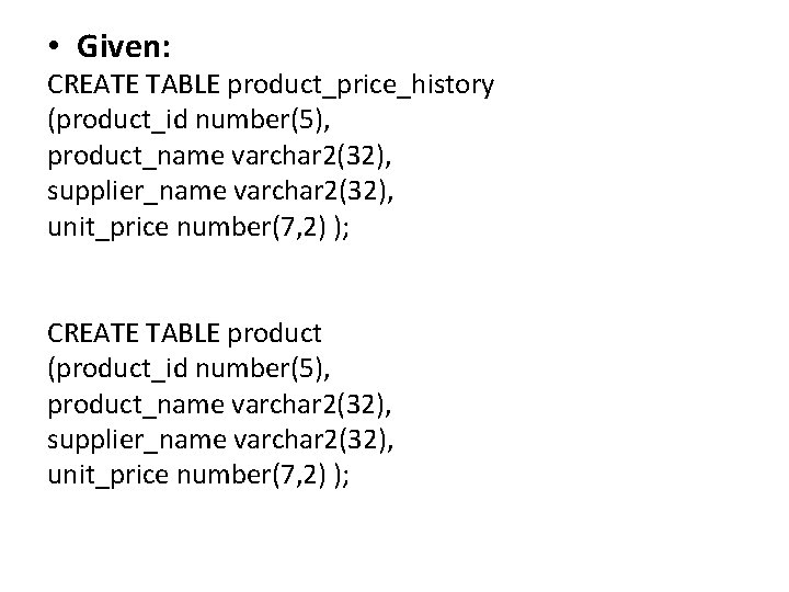 • Given: CREATE TABLE product_price_history (product_id number(5), product_name varchar 2(32), supplier_name varchar 2(32), • Given: CREATE TABLE product_price_history (product_id number(5), product_name varchar 2(32), supplier_name varchar 2(32),