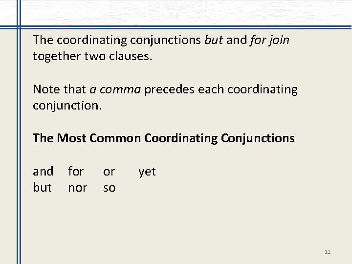 The coordinating conjunctions but and for join together two clauses. Note that a comma