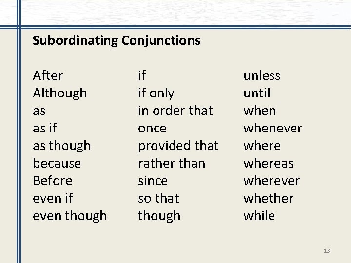 Subordinating Conjunctions After Although as as if as though because Before even if even