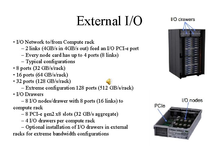 External I/O • I/O Network to/from Compute rack – 2 links (4 GB/s in
