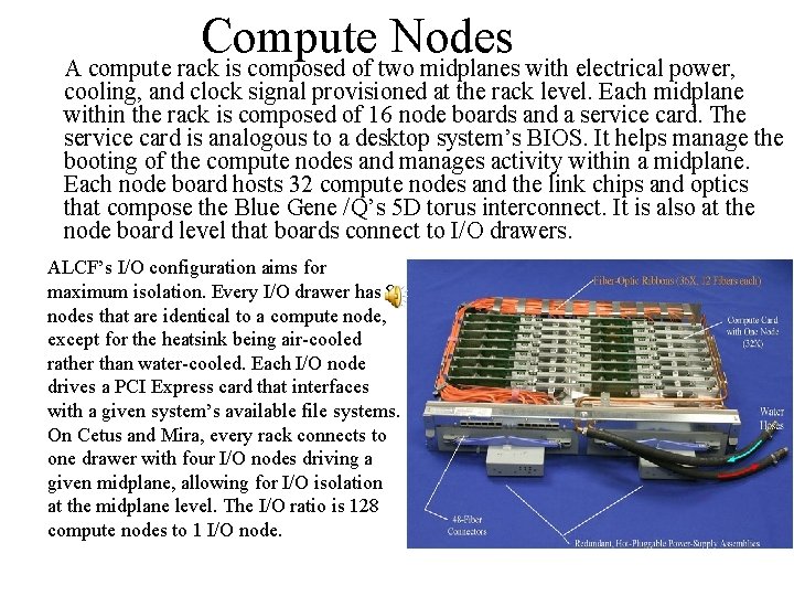 Compute Nodes A compute rack is composed of two midplanes with electrical power, cooling,