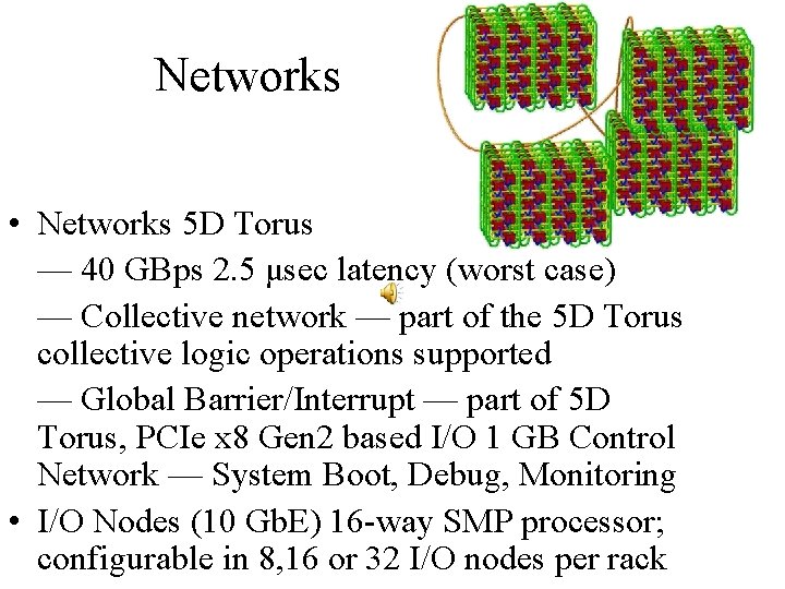 Networks • Networks 5 D Torus — 40 GBps 2. 5 μsec latency (worst