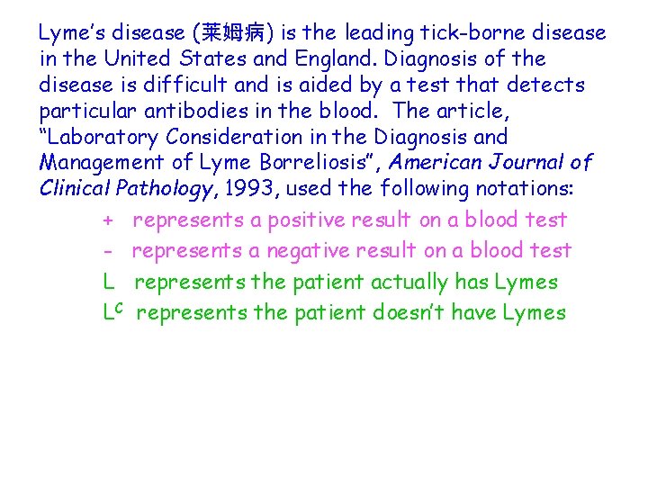 Lyme’s disease (莱姆病) is the leading tick-borne disease in the United States and England.