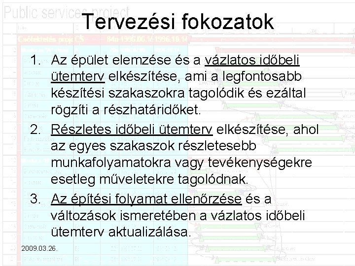 Tervezési fokozatok 1. Az épület elemzése és a vázlatos időbeli ütemterv elkészítése, ami a