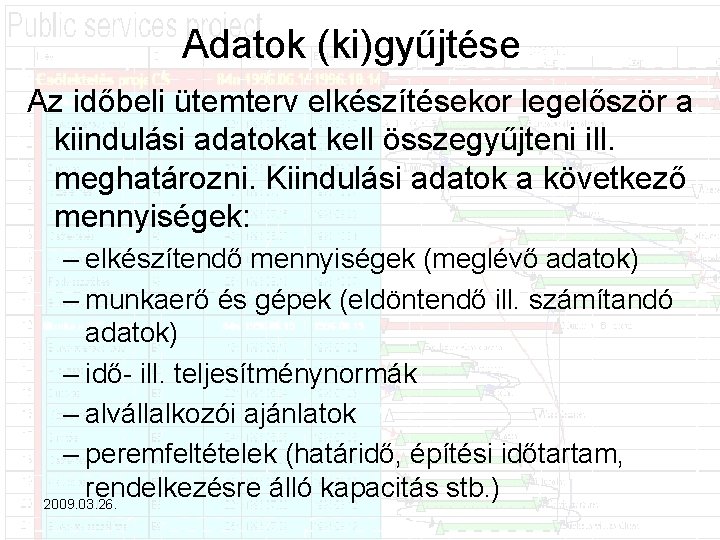 Adatok (ki)gyűjtése Az időbeli ütemterv elkészítésekor legelőször a kiindulási adatokat kell összegyűjteni ill. meghatározni.