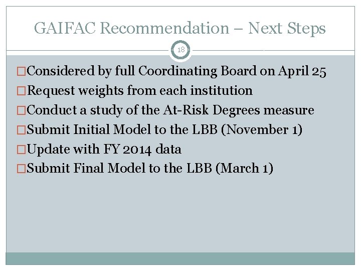 GAIFAC Recommendation – Next Steps 18 �Considered by full Coordinating Board on April 25