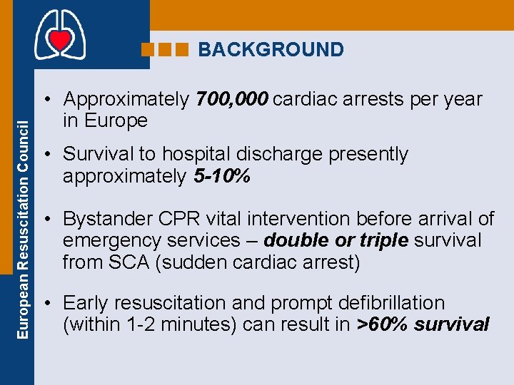 European Resuscitation Council BACKGROUND • Approximately 700, 000 cardiac arrests per year in Europe