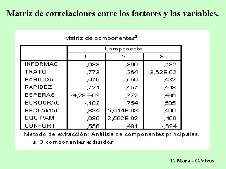 Matriz de correlaciones entre los factores y las variables. T. Mora - C. Vivas