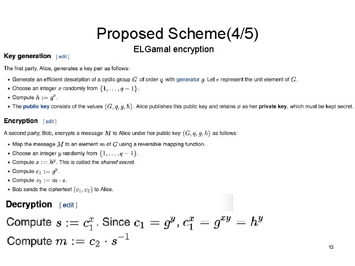 Proposed Scheme(4/5) ELGamal encryption 13 