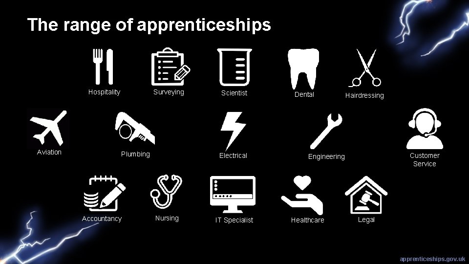 The range of apprenticeships Hospitality Aviation Surveying Plumbing Accountancy Scientist Electrical Nursing IT Specialist