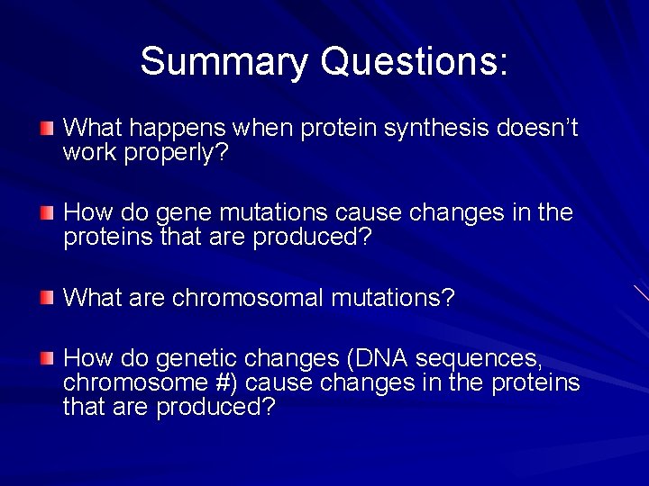Summary Questions: What happens when protein synthesis doesn’t work properly? How do gene mutations