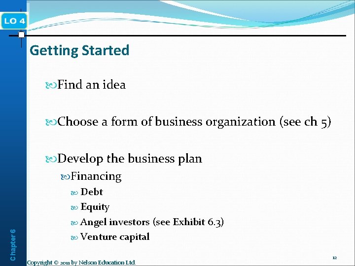 Getting Started Find an idea Choose a form of business organization (see ch 5)