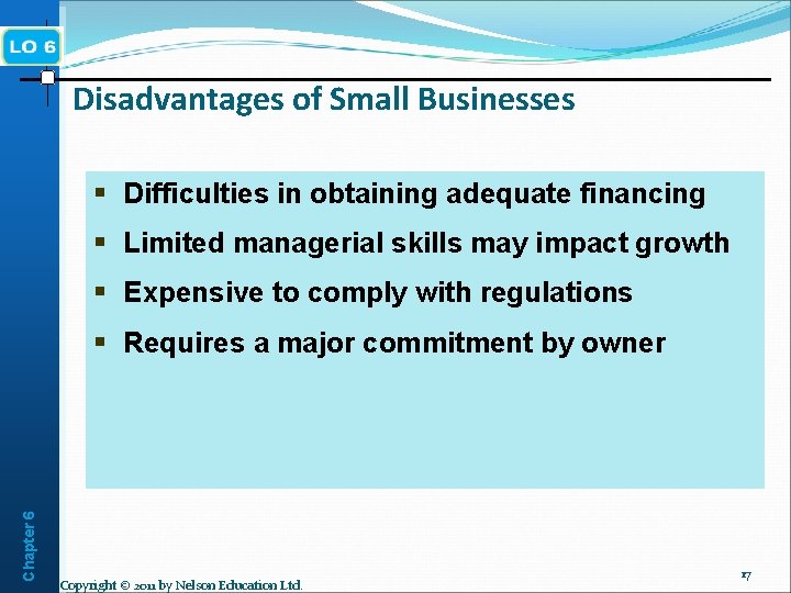 Disadvantages of Small Businesses § Difficulties in obtaining adequate financing § Limited managerial skills