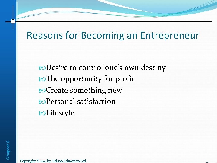 Reasons for Becoming an Entrepreneur Chapter 6 Desire to control one’s own destiny The