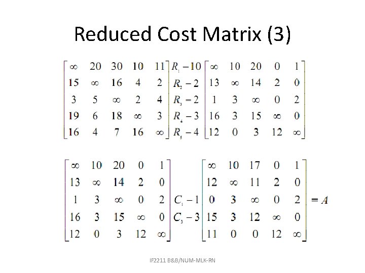 Reduced Cost Matrix (3) IF 2211 B&B/NUM-MLK-RN 