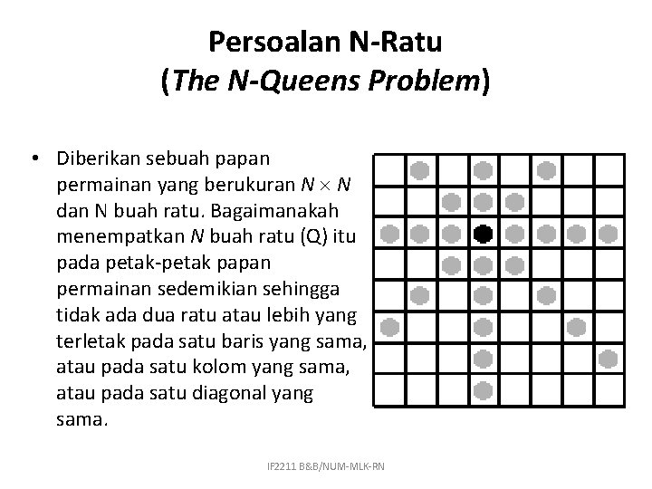 Persoalan N-Ratu (The N-Queens Problem) • Diberikan sebuah papan permainan yang berukuran N N