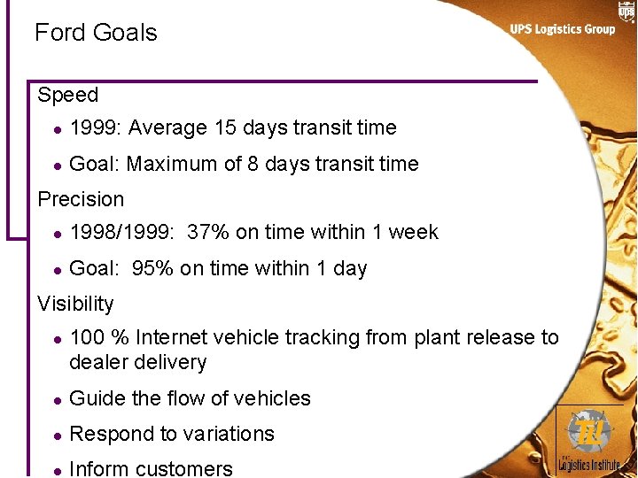 Ford Goals Speed l 1999: Average 15 days transit time l Goal: Maximum of