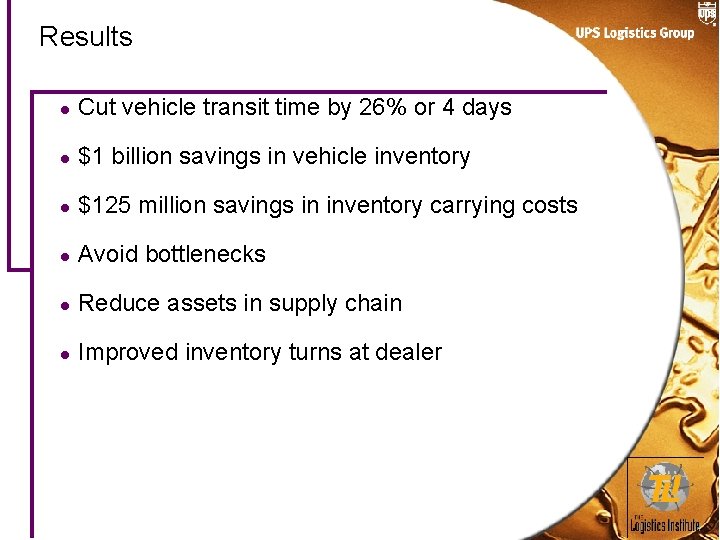 Results l Cut vehicle transit time by 26% or 4 days l $1 billion