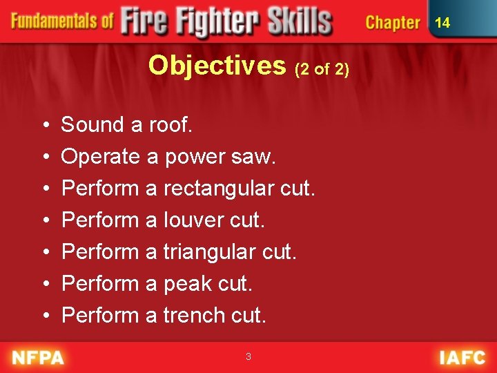 14 Objectives (2 of 2) • • Sound a roof. Operate a power saw.