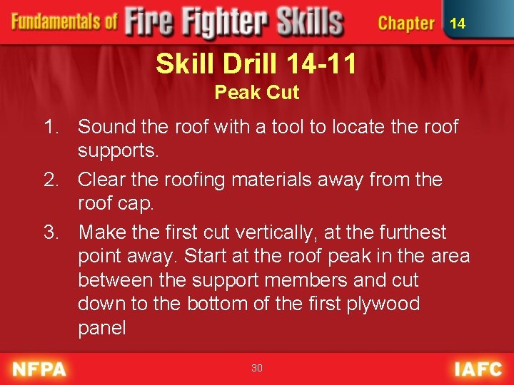 14 Skill Drill 14 -11 Peak Cut 1. Sound the roof with a tool