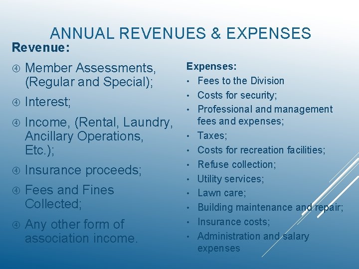 ANNUAL REVENUES & EXPENSES Revenue: Member Assessments, (Regular and Special); Interest; Income, (Rental, Laundry,