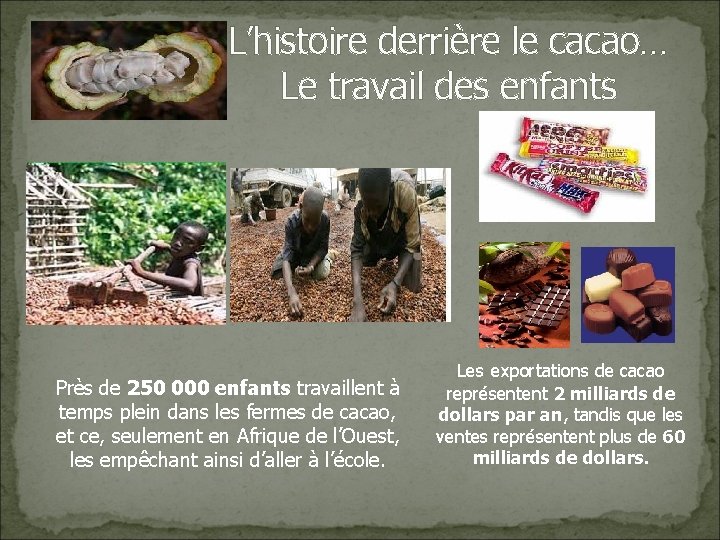 L’histoire derrière le cacao… Le travail des enfants Près de 250 000 enfants travaillent