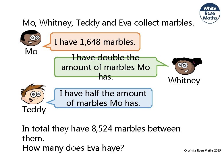 Mo, Whitney, Teddy and Eva collect marbles. Mo Teddy I have 1, 648 marbles.