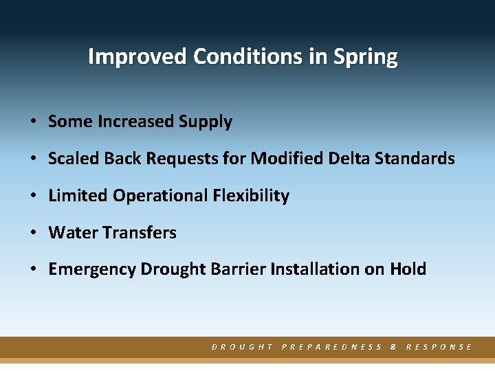 Improved Conditions in Spring • Some Increased Supply • Scaled Back Requests for Modified