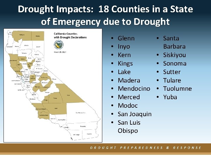 Drought Impacts: 18 Counties in a State of Emergency due to Drought • •